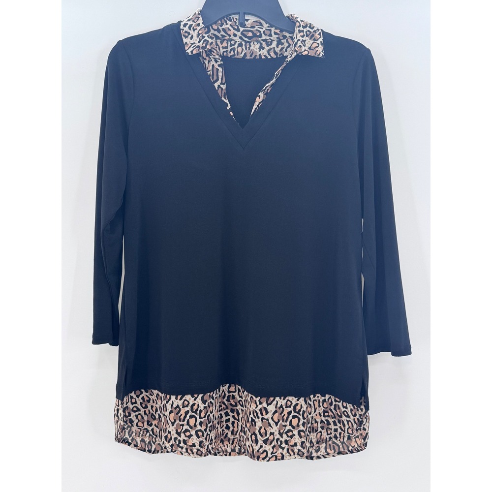 Black Leopard Print Collar‎ Hem Long Sleeve Tunic Top Womens L